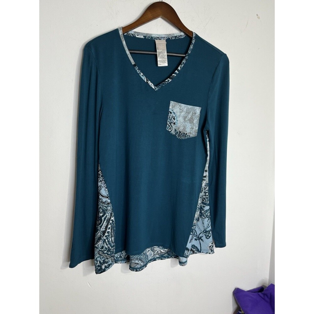 Chico's Boho India Patchwork pocket peacock blue sz 1 M Top Blouse (13